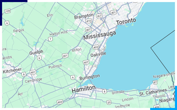 The cleaning service area map of Southern Ontario for company A Clean Image.