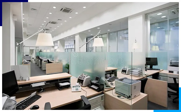 Specialized cleaning services tailored for financial institutions and banks, depicting professional cleaners ensuring the cleanliness and sanitation of banking facilities, desks, and common areas.