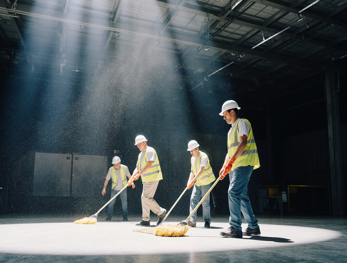 create dslr quality image of a cleaning crew cleaning up a warehouse